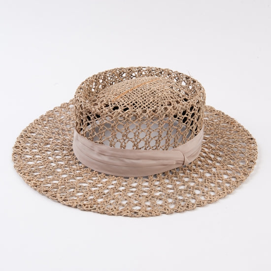 Lucca Couture Ava Rattan Boater Hat with Beige Sash